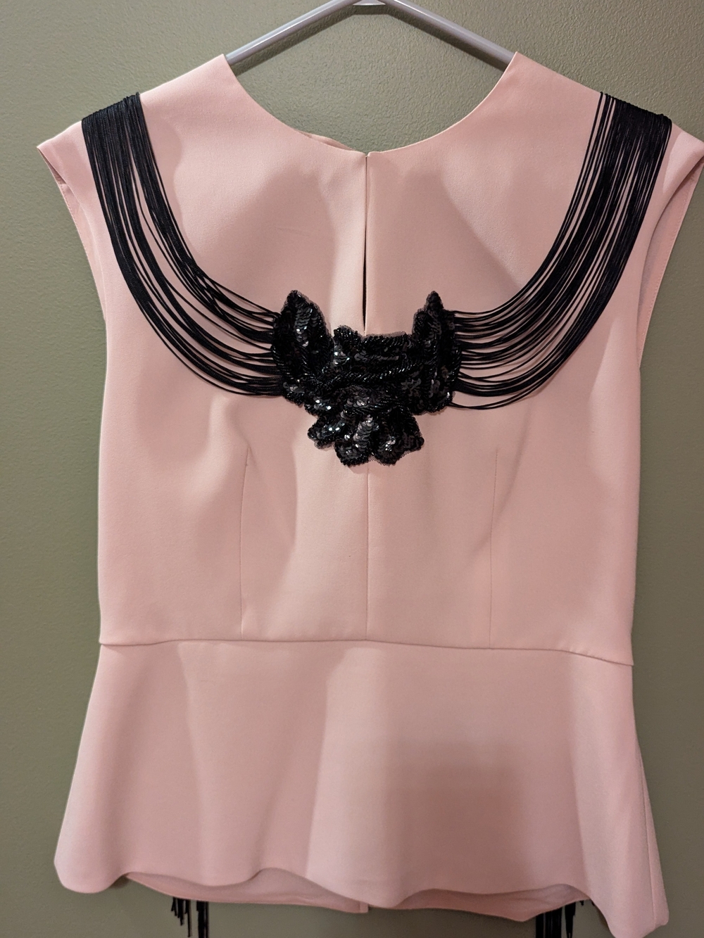 BCBGMAXAZRIA Virginie Beaded Fringe Peplum Top Pink & Black